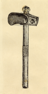 39883 Afbeelding van de 'hamer van St. Maarten', bestaande uit een groen stenen beitel met een houten steel, bevat in ...